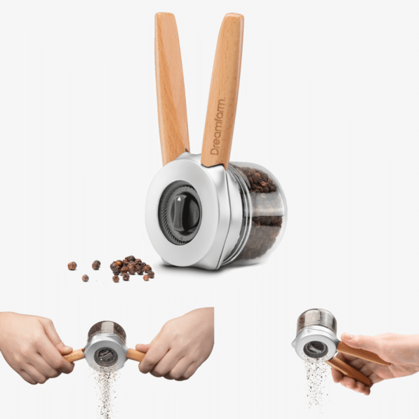 Ortwo is a spice mill that grinds one-handed or two.