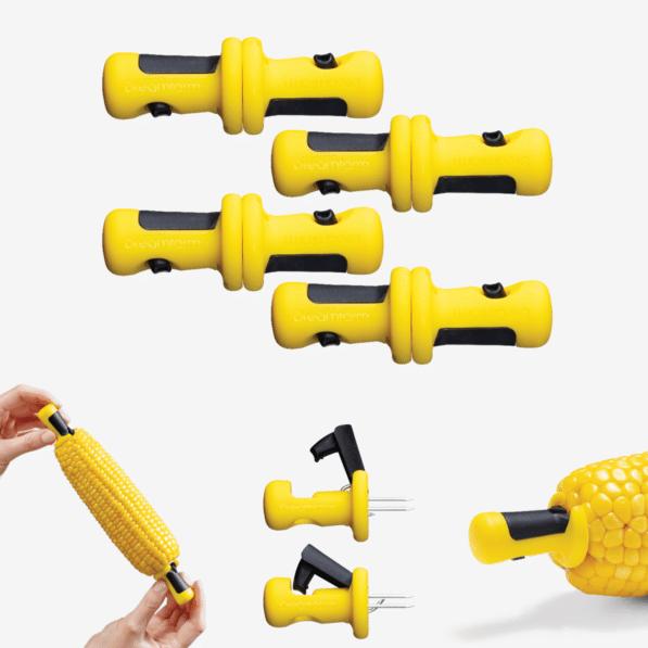 Lockorns are corn holders that securely anchor into corn cobs and lock together for safe storage.